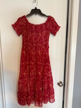 Lucy Paris Red Floral Off-the-Shoulder Midi Dress Sz Medium